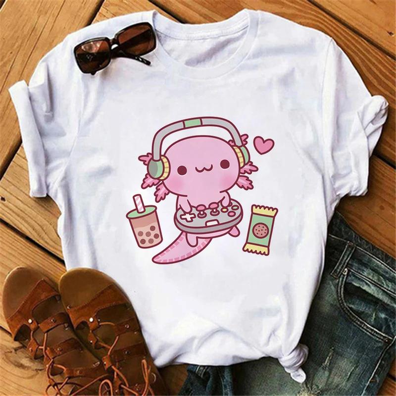 Funny Axolotl T Shirt Women Relaxolotl Kawaii Short Sleeve T-shirt Women's Clothing Summer Tops Y2k Casual Cartoon Graphic Tee