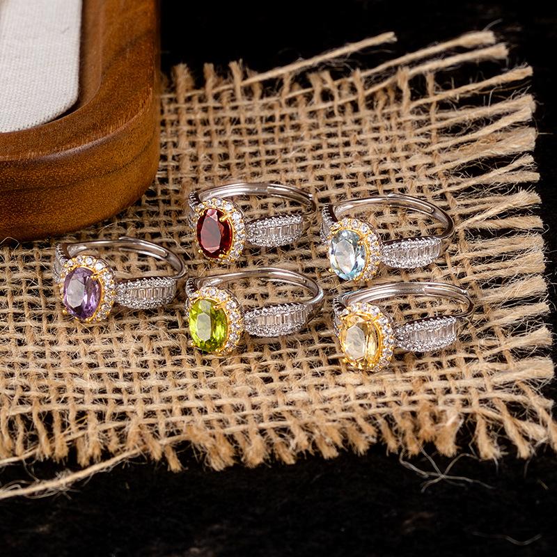 S925 Sterling Silver Ring Women's Inlaid Garnet Crystal Stone Peridot Natural Color Treasure Index Finger Ring