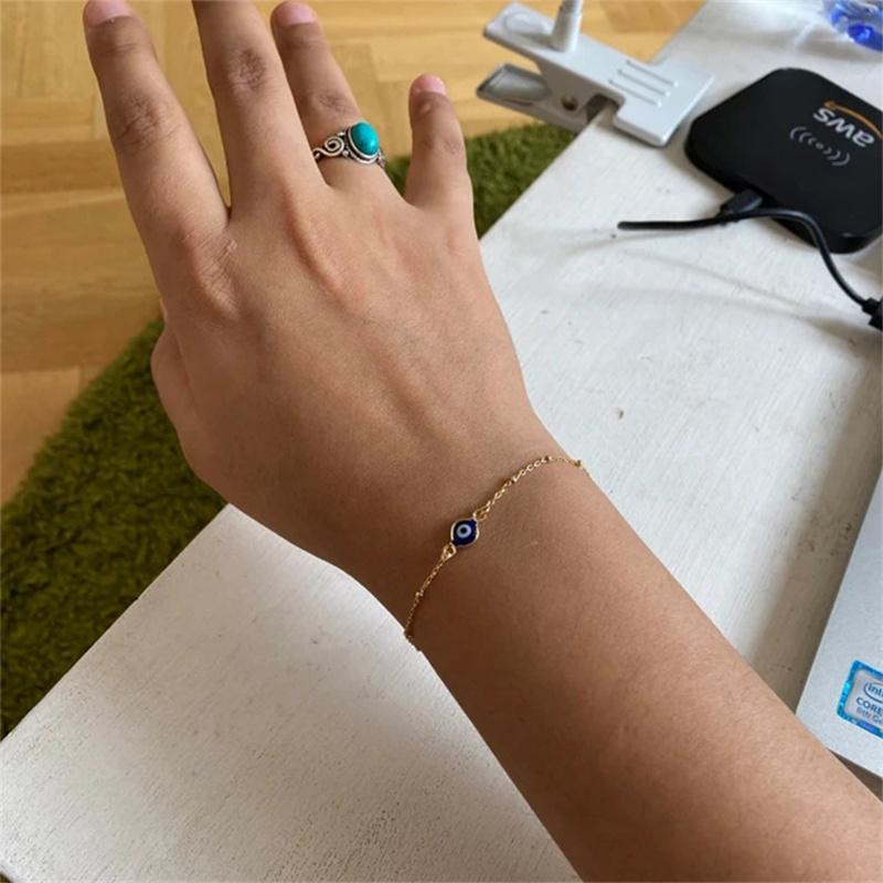 Simple Design Turkish Evil Eye Charm Bracelet for Women Boho Lucky Gold Color Copper Chain Adjustable Bracelet Summer Jewelry