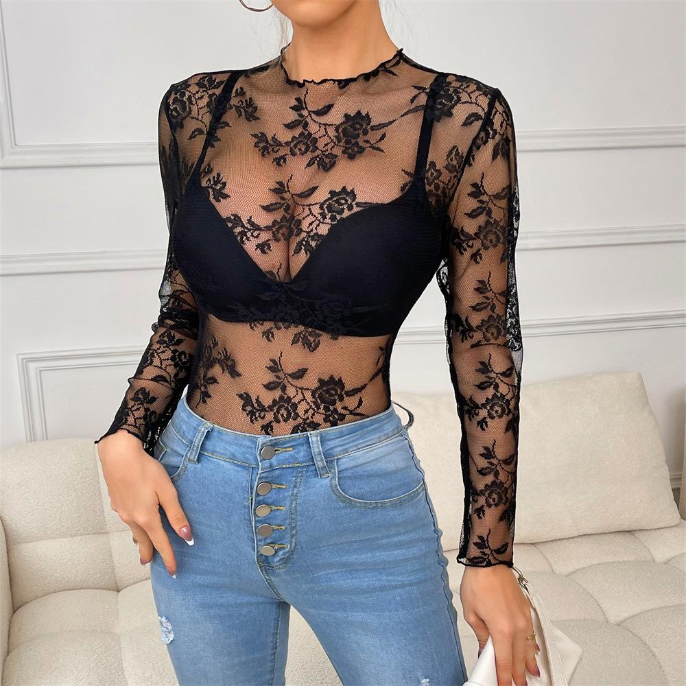 2025 Women's Lace Cutout See-Through Long Sleeve Top