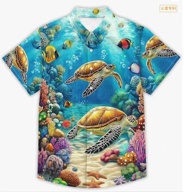Summer Men's Beach Shirt Printed Hawaiian Short Sleeve Flower Shirt Boys