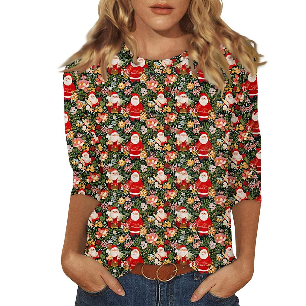 Women's Fashionable Casual Three Quarter Sleeve Christmas Printed Round Neck Top