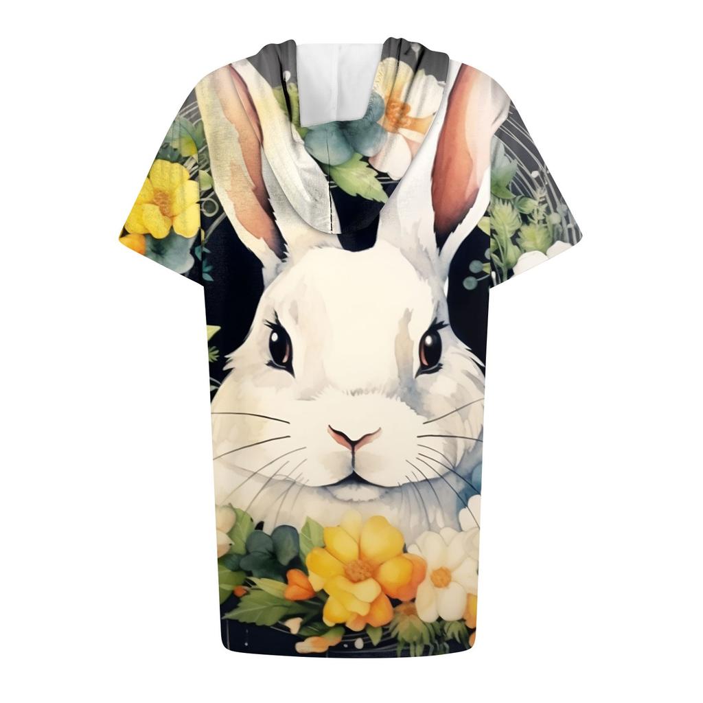 Women's Fashion Casual Easter Print Hooded Pocket Short Sleeve Top