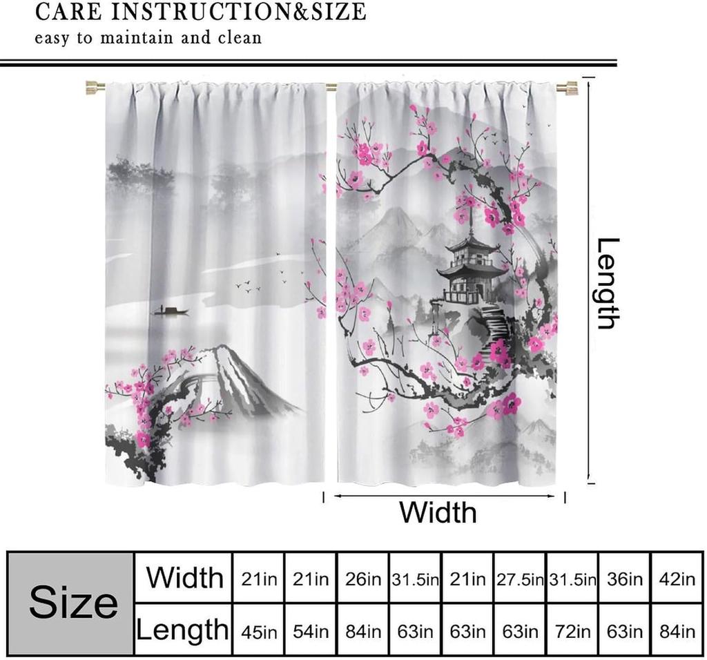 Asian Japanese Cherry Blossom Curtains Plum Ink Landscape River Pagoda Window Treatments Drapes Boys Girls Vintage Made Of Polyester