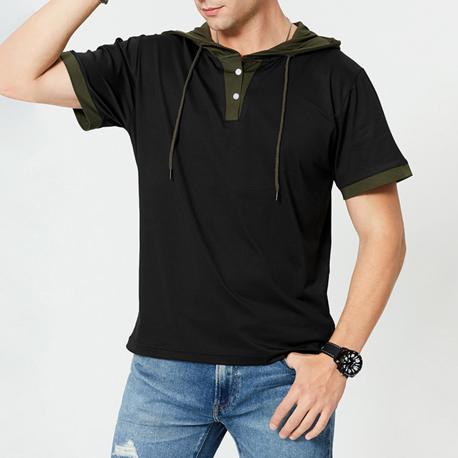 

Men s Summer Short Sleeve Hooded Top Outdoor Running Fitness T-Shirt L чорний