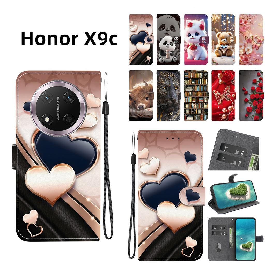 Handmade PU Leather Flip Case for Honor X9c Anti-Slip Shockproof Cover with Wrist Strap & Heart/Rose Cat Designs
