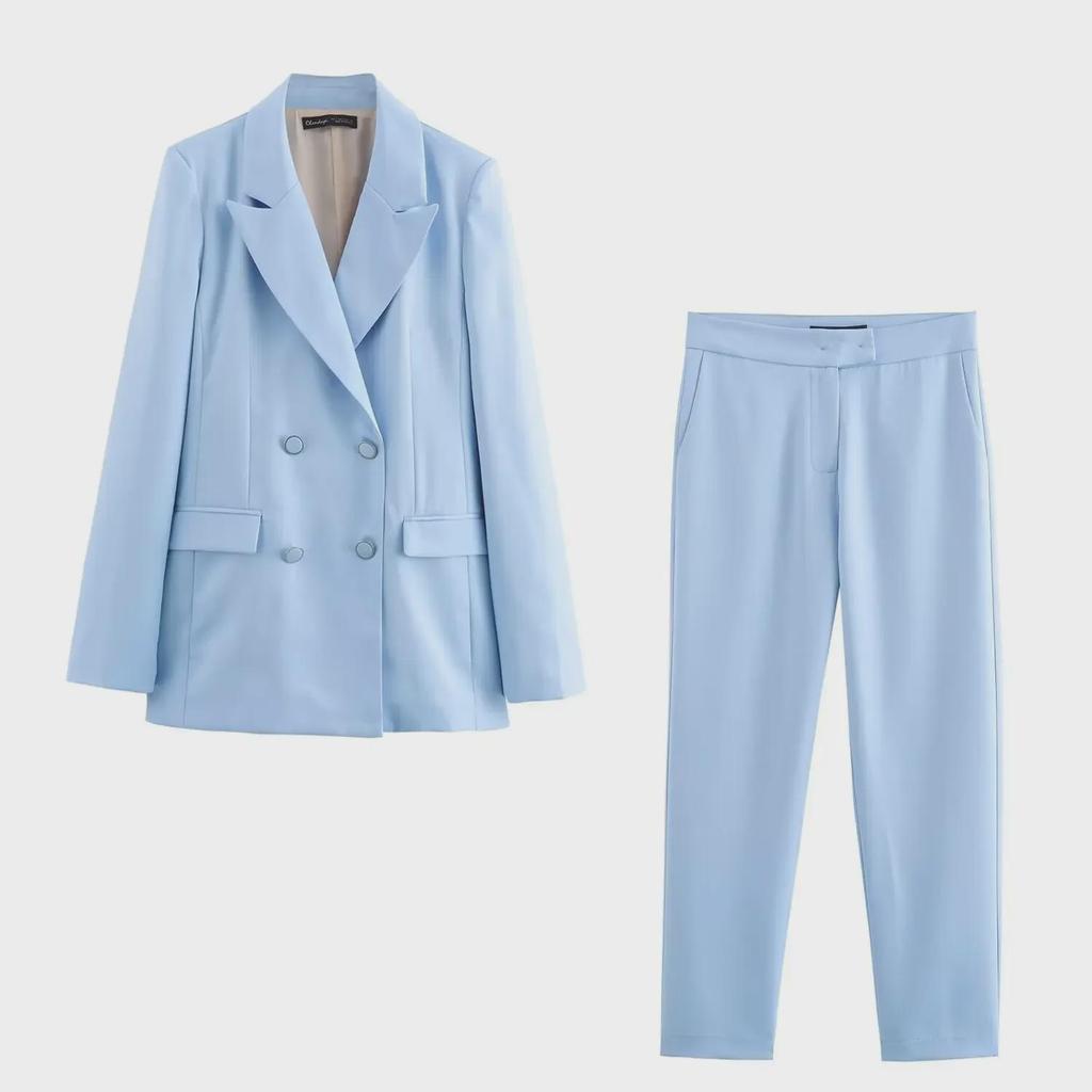 Women's Double-Breasted Shoulder Pad Suit Jacket and Trousers Set