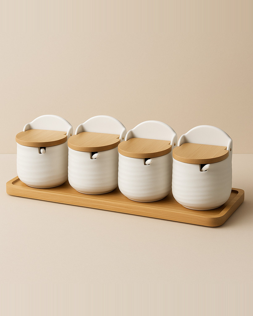 Japanese Style Ceramic Seasoning Jar Set Wood Lid Bamboo Tray Base Spice Jar with Spoon Home Sugar Salt Spices Storage Container