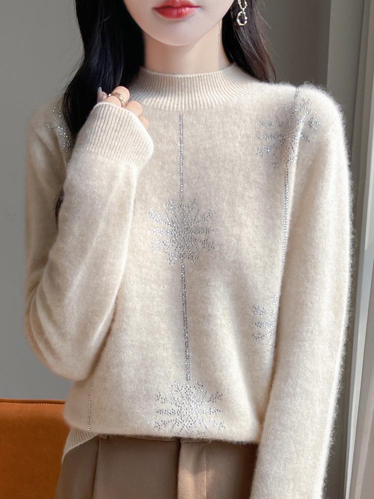 Women's Rhinestone Embellished Pure Wool Half-High Collar Pullover Sweater