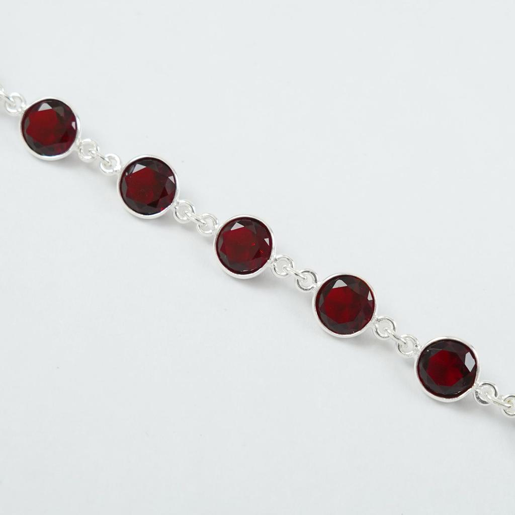 Round Natural Garnet Bracelet, 925 Sterling Silver Bezel Bracelet, Red Gemstone Bracelet, Gift for Wife