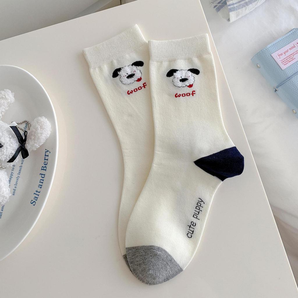 Socks Girls Autumn Cute Dog Healing Striped Mid-Tube Socks Piled Up Socks Preppy Style Long Socks
