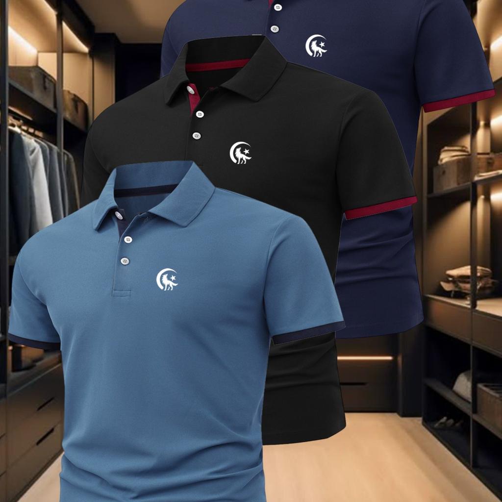 Herren-Polohemd-Set mit Wolfsdruck, Stilvoll und geeignet für Business Casual, Bequemes und atmungsaktives kurzärmeliges Polohemd für den Sommer