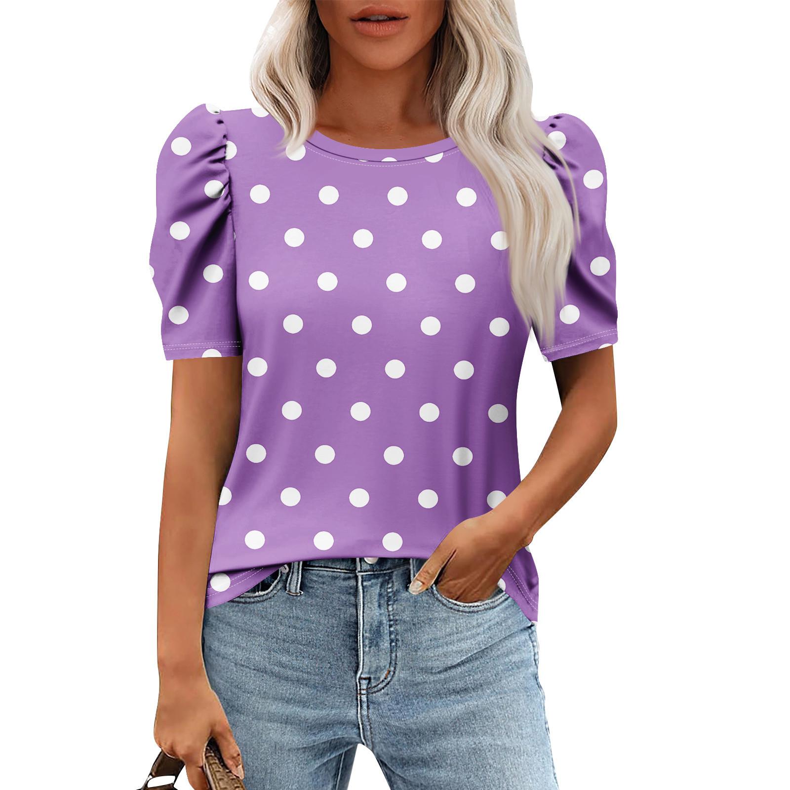 

Жіночі повсякденні пухові топи з короткими рукавами Модні туніки з круглим вирізом Літній одяг L фіолетовий