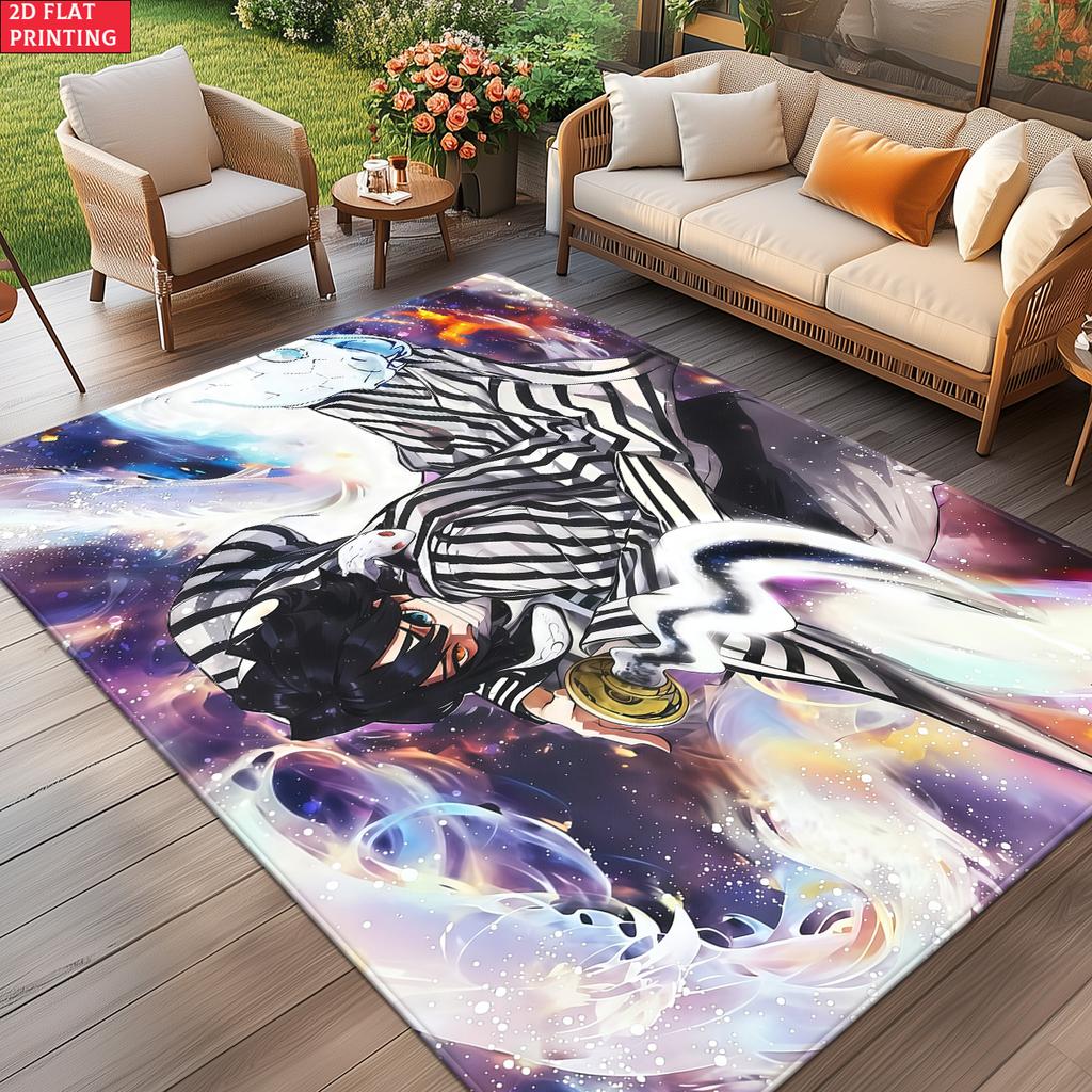 Anime Swordsman Area Rug,Cosmic Nebula Style  Floor Mat,Decorative Carpet for Gaming Room Bedroom,Washable Home Decor Gift