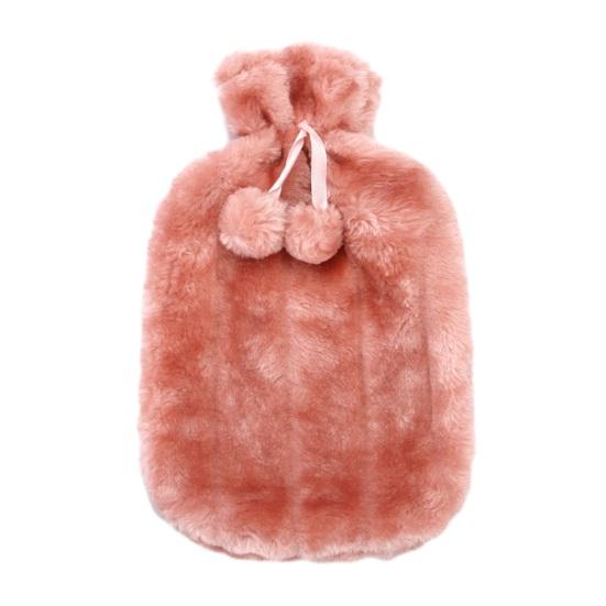 Pompom Drawstring Hot Water Bag 2L Bottle with Plush Cover, Lightweight Bag, Winter Warm for Hands, Feet, Stomach Cold Compress Pouch