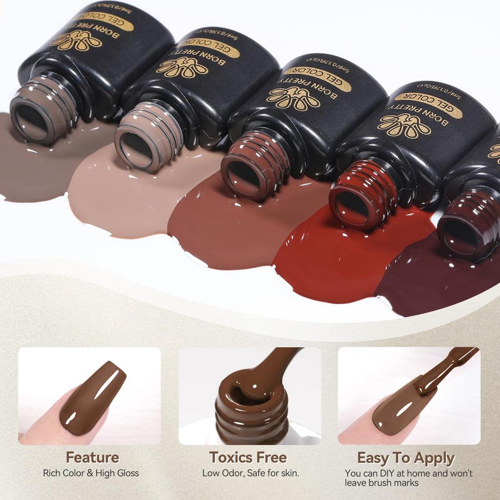 BORN PRETTY 23-Color Gel Nail Polish Set for Autumn/Winter: Brown, Burgundy, Red, Nude, Pink, Base Gel, Glossy & Matte Top Coat Included. Perfect for