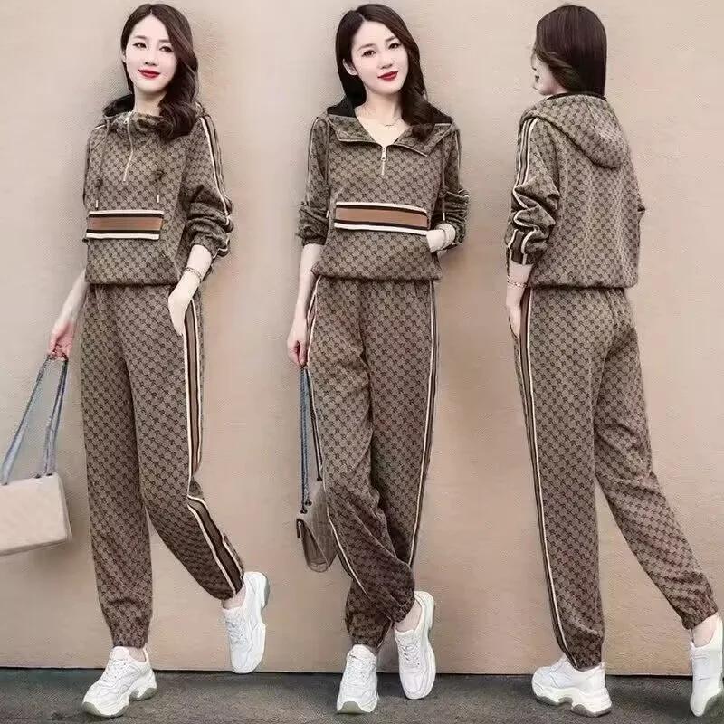 Women's Zipper Hoodie Casual Collared Two-Piece Set Fashionable Youthful Sportswear