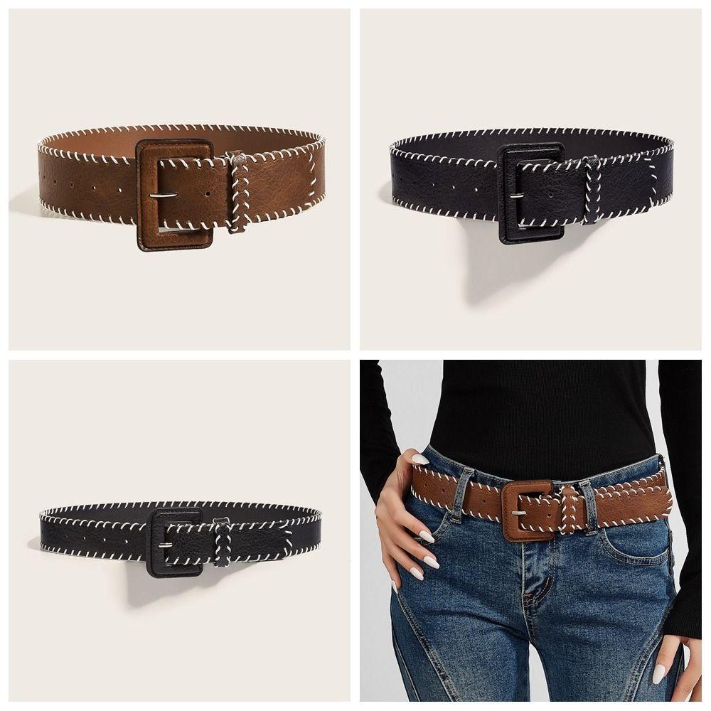 Harajuku Vintage Wide Belt Retro Western Cowboy Belt Casual PU Leather Waistband  Lady