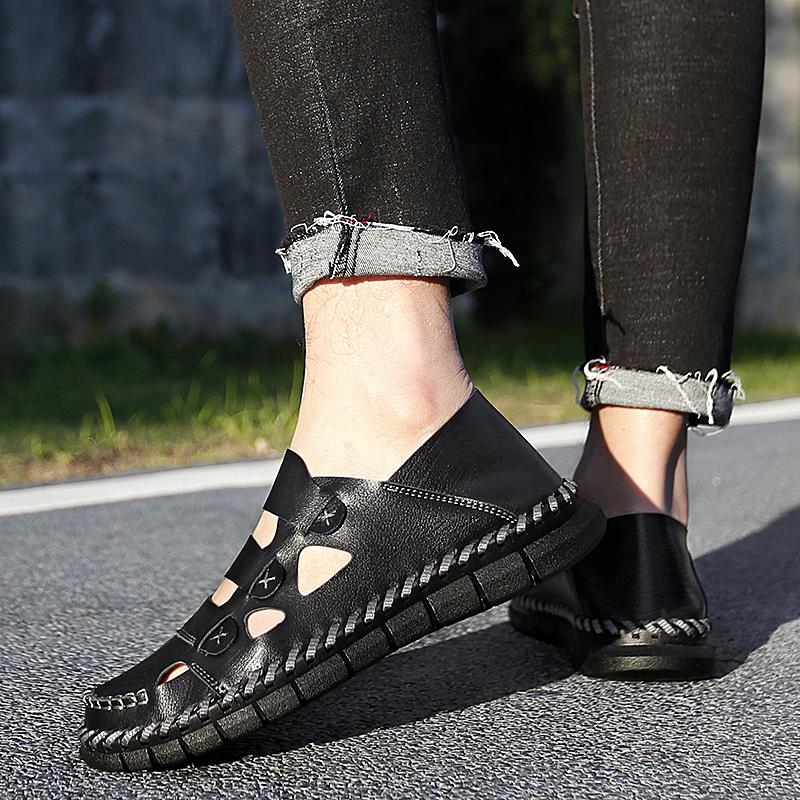 New Arrival Leather Male Hollow Out Beach Shoes Comfortable Walking High Quality Summer Handmade Sandals Mens Slip on Sandals
