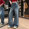 Spring and Summer Versatile Narrow Version Hot Diamond Denim Straight Wide-leg Pants Women