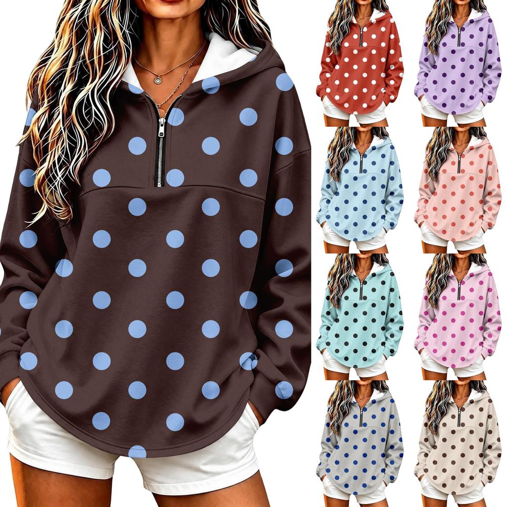 Leichter Kapuzenpullover für Damen mit Polka-Dot-Print, Pullover-Sweatshirt ohne Taschen für Freizeitkleidung