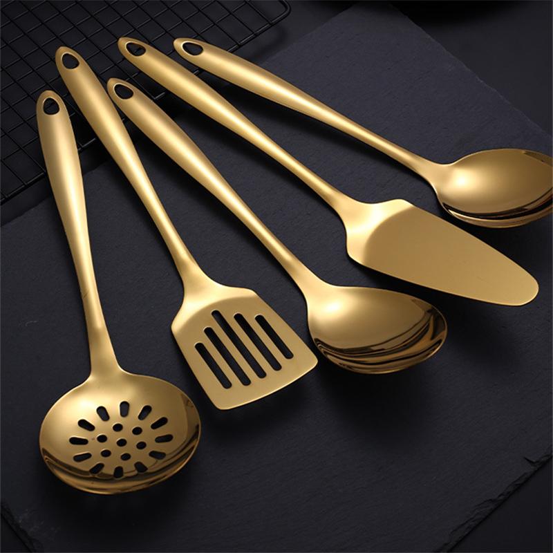 Golden 304 Stainless Steel Kitchen Public Spoon Colander Spatula Cake Shovel Long Rice Spoon Oil Filter Complete Cooking Tools