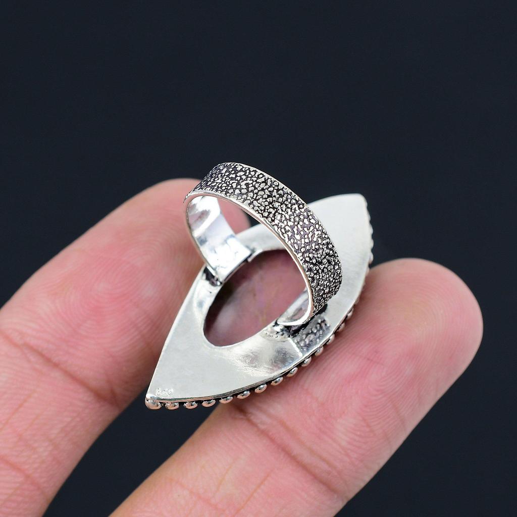 Trillion Natural Rhodonite 925 Sterling Silver Art Deco Promise Boho Ring US 7.5