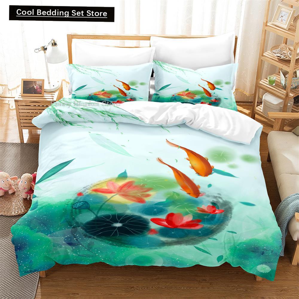 Goldfish Duvet Cover King/Queen Size Golden Red 3D Animal Bedding Set for Kid Teen Adult,Fish Themed Quilt Cover with Pillowcase