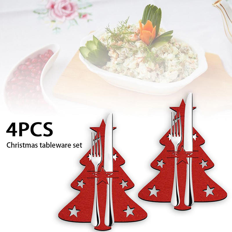 1set Christmas Knife Fork Storage Bag Christmas Tree Stars Snowflake Xmas Knife Fork Bag Cutlery Cover Table Decoration
