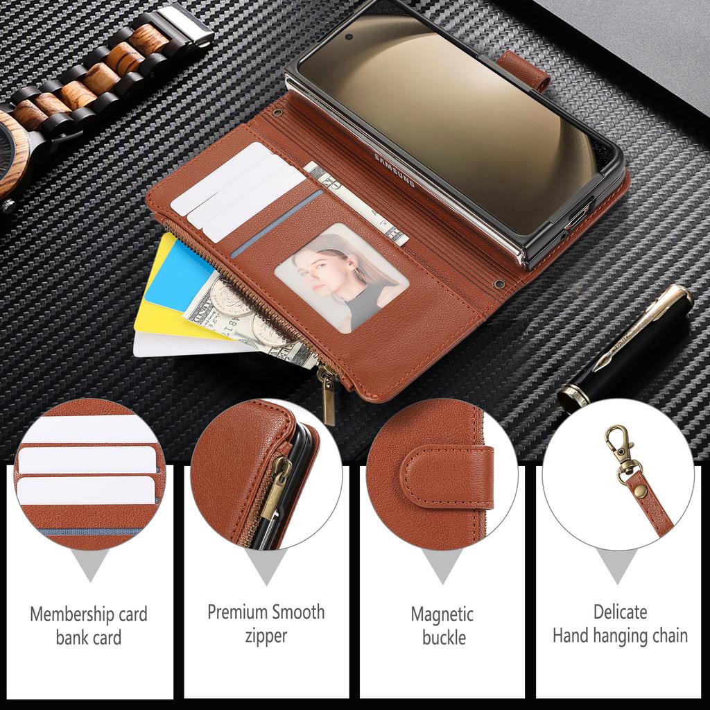 Suitable for Samsung Z Fold7 mobile phone leather case Z Fold4 multi-function zipper wallet card diagonal span portable rope