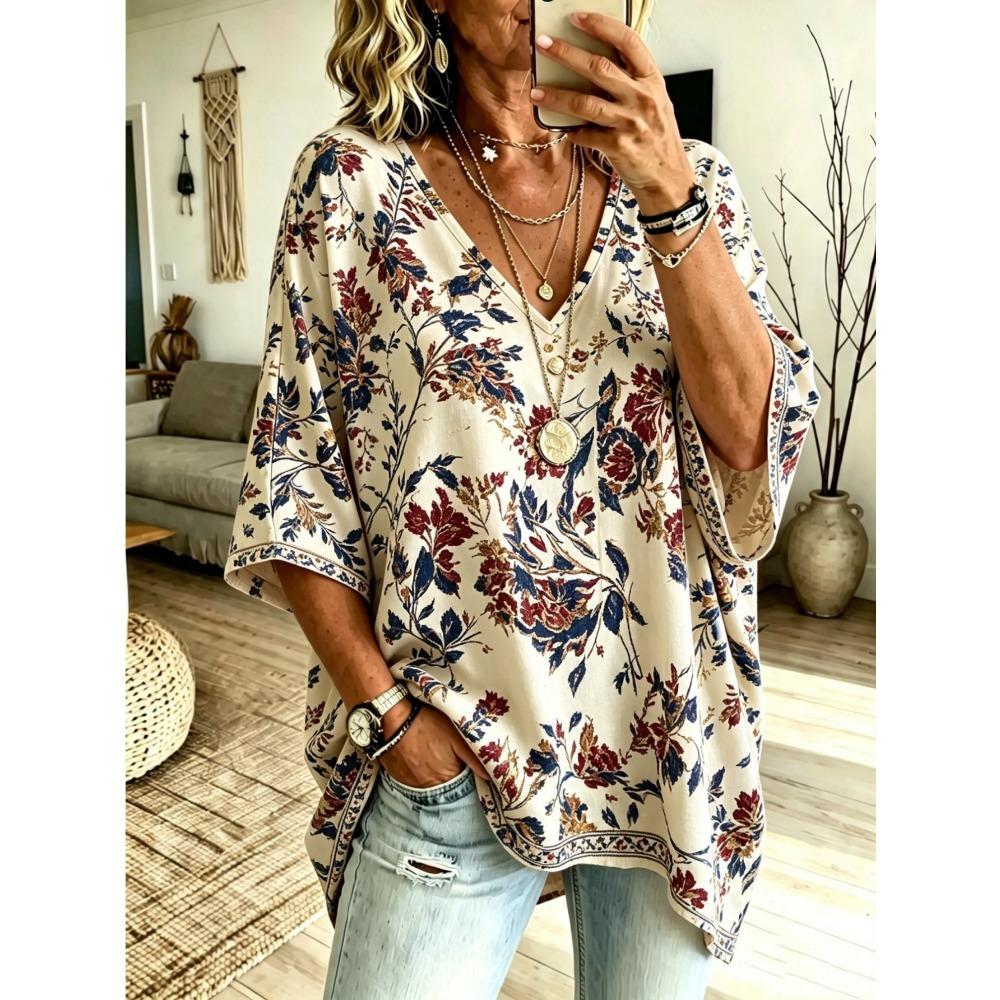Women's Retro Red Leaf Floral Print Oversized V-neck Pullover, Bat-sleeved Short-sleeved Bohemian Loose Shirt