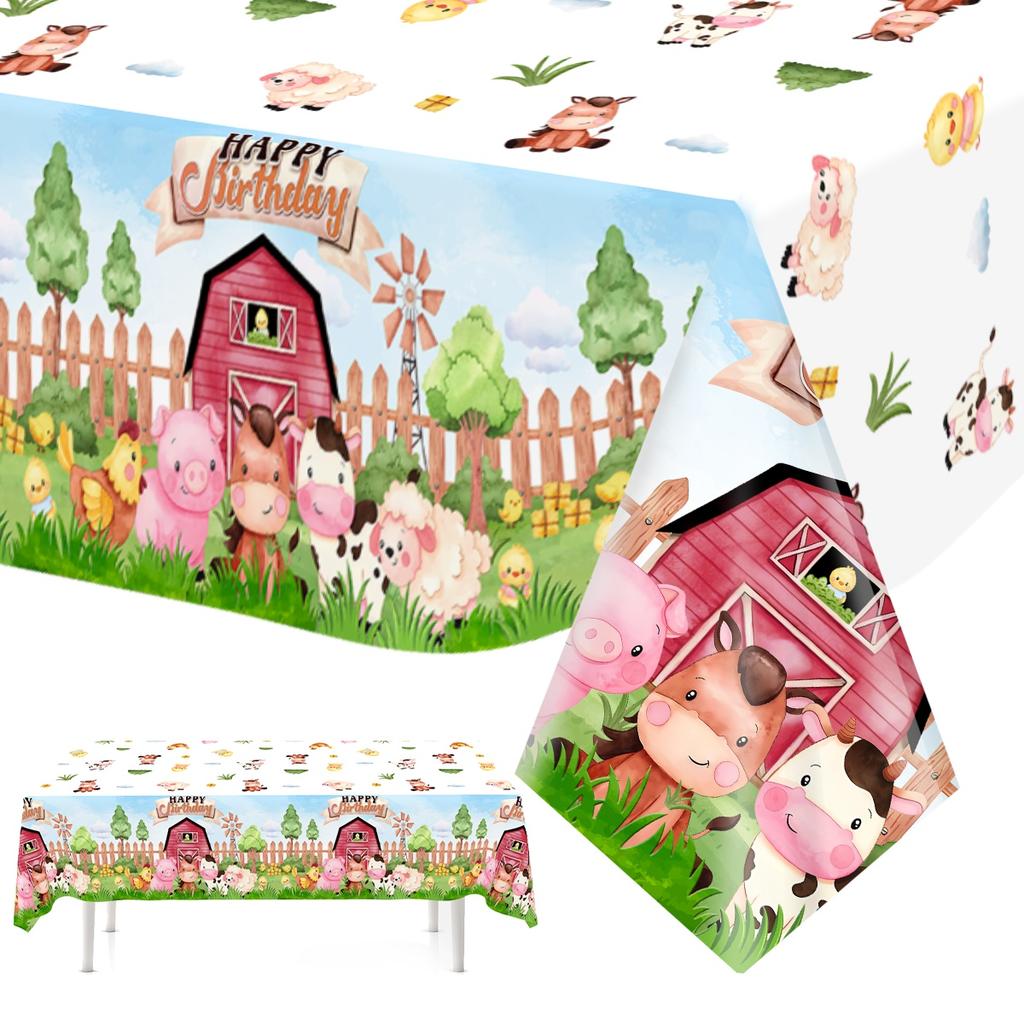 Farm Animals Party Tablecloth Farmhouse Disposable Plastic Table Cover Pig Cow Sheep Barnyard Animal Theme Birthday Party Decor