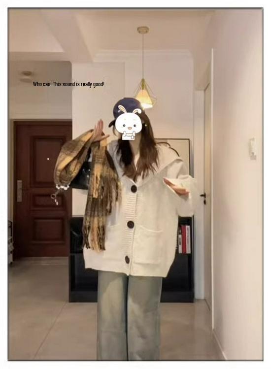 2024 High-End College-Style Hooded Pocket Cardigan: Autumn/Winter Loose Knit Sweater Coat