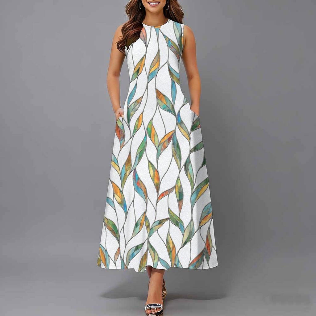 Women Plus Size Sleeveless Round Neck Dress Big Floral Printed Loose Flowy Mid Calf Dress