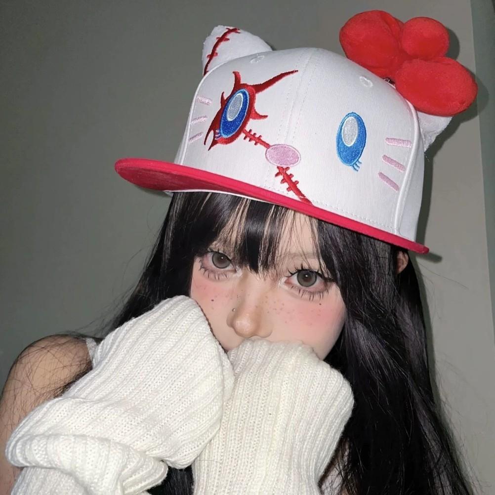Cute Cat White Cap Women'S Spring Big Head Circumference Baseball Cap Showing Face Small Hat Trend