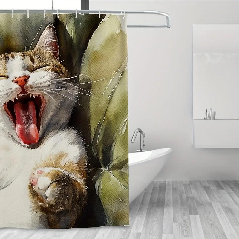 Yawning cat shower curtain - Cute cat nap time, bedroom decoration - Comfortable and chic home decor