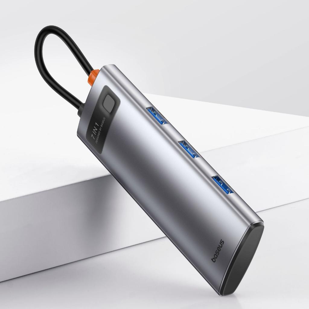 Baseus 7-in-1 Metal Gleam USB-C Hub: Power Delivery, 4K HDMI, USB 3.0 Ports, SD/TF Card Slots – Gray