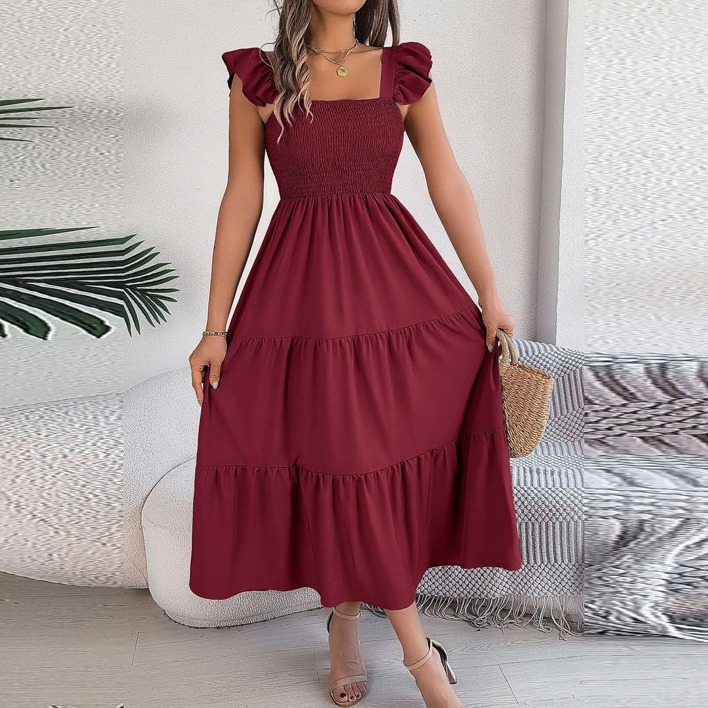 Summer Solid Tank Long Dress for Women Square Collar Sleeveless A-Line Maxi Dress Backless Slim Waist Pleated Beach Dresses