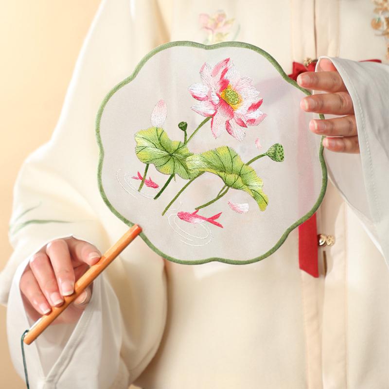 China Fan  Semi-Transparent Long Handle Tassel Dance Fan Female Costume Hanfu Cheongsam Embroidery Small Round Fan