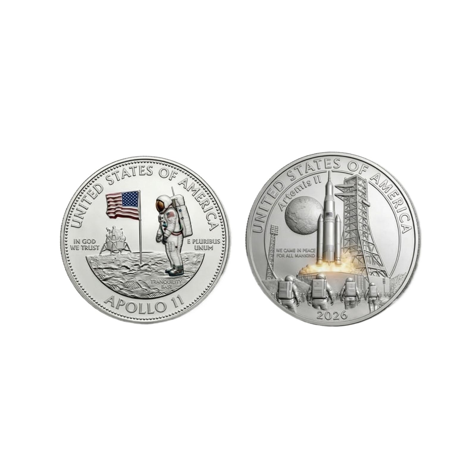 United States Commemorative Coin Set Featuring Apollo 11 Moon Landing and Artemis II Lunar Mission Silver Coins with Detailed UV Printing белый