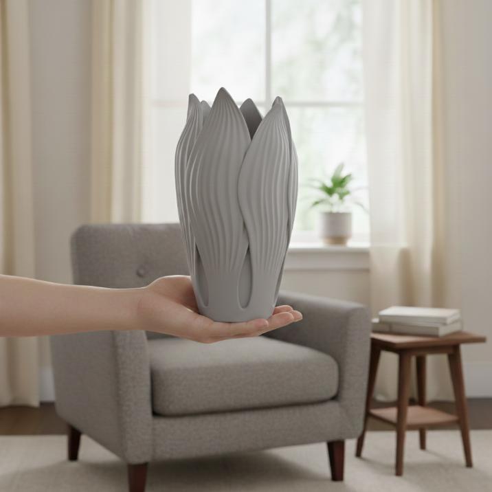 Decorative Leaf-shaped Gray Vase for Flowers, Modern Design