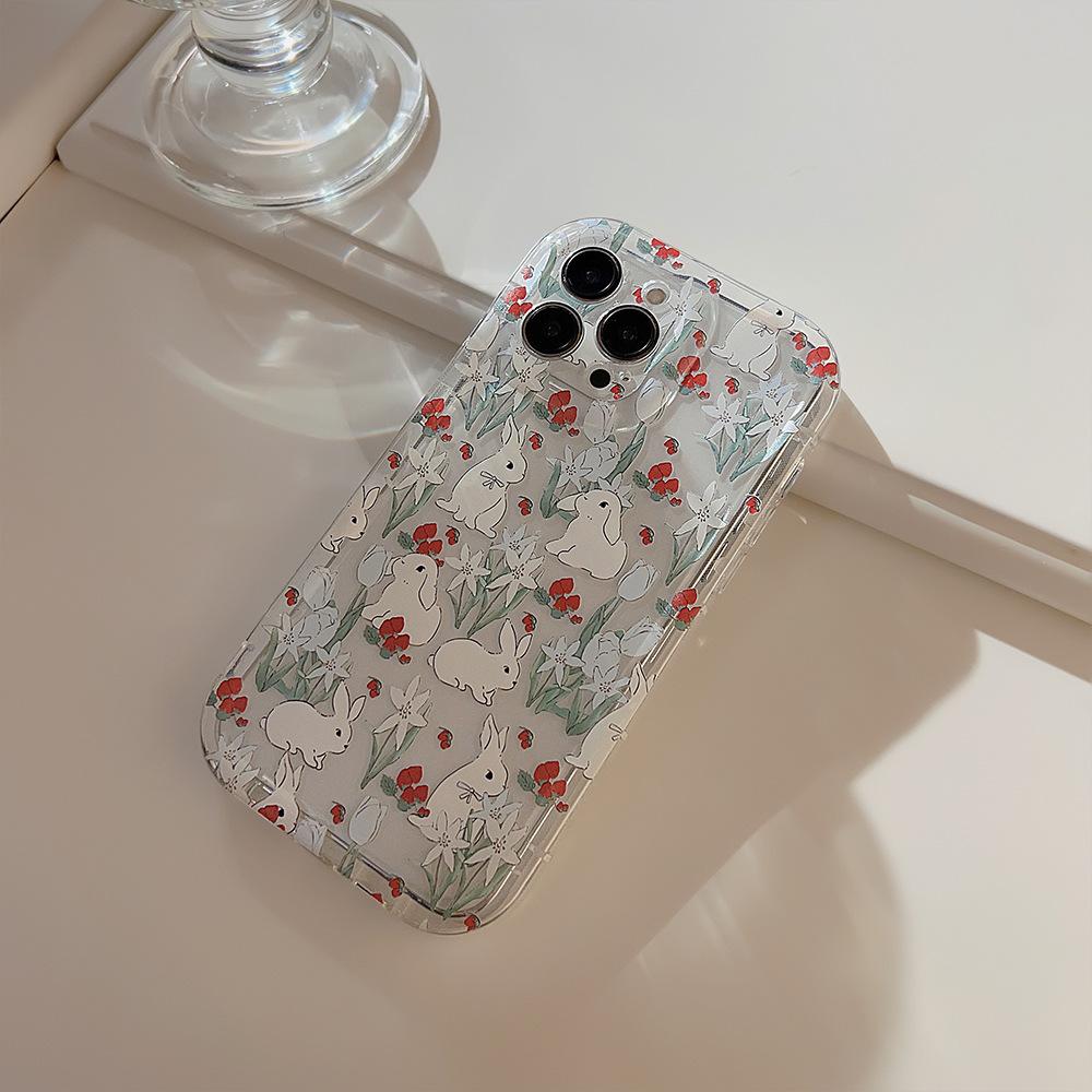 Korean-style floral rabbit design applicable iphone13Apple14Phone case11Cute girl15pro max Bracket16Transparent