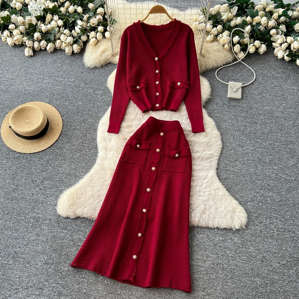 Autumn Winter Women Knitted Sweater Two Piece Set Full Sleeve V-neck Cardigans Coat and Long Midi A-line Skirt Outfits