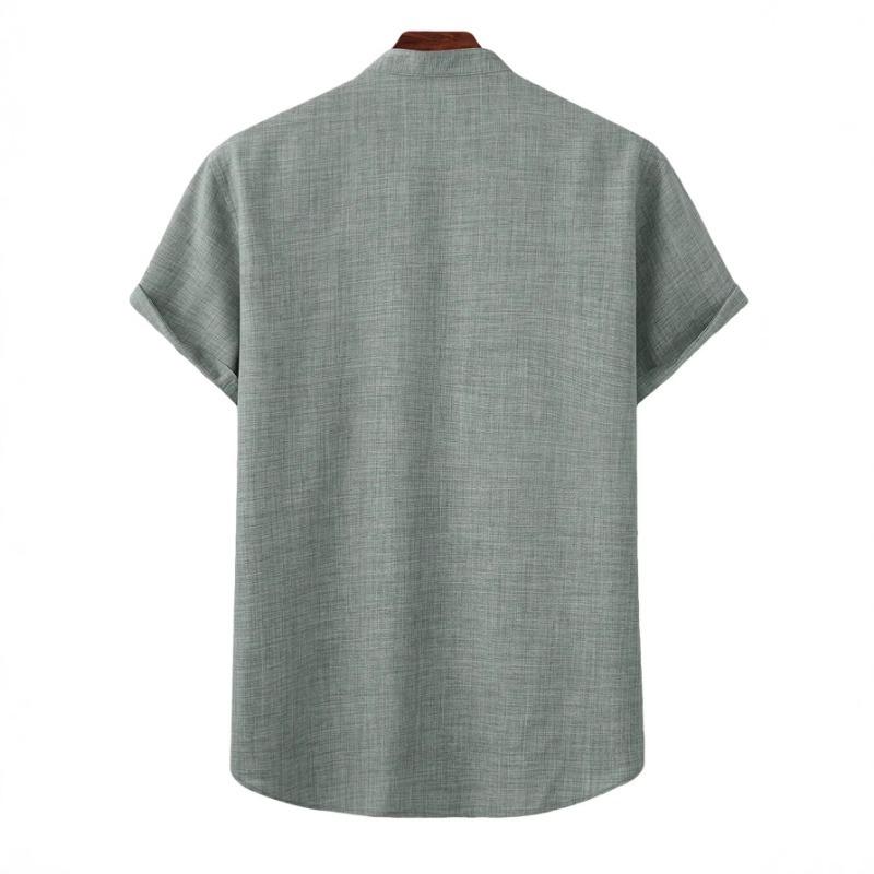 Men Linen Blend Mandarin Collar Short Sleeve Henley Shirt Casual Breathable Summer Top for Men