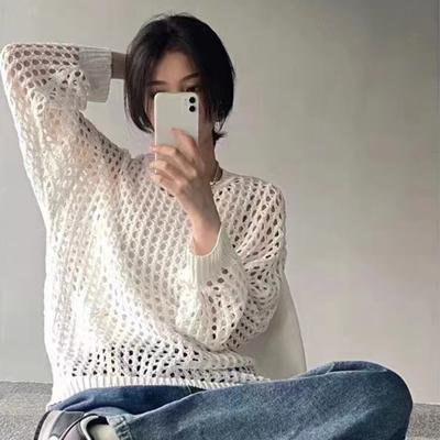 Gestrickte, ausgehöhlte Sonnenschutzkleidung für Damen im Sommer, dünnes und lockeres Design, Nischen- und einzigartiges, hängendes Langarmoberteil, Oberteil