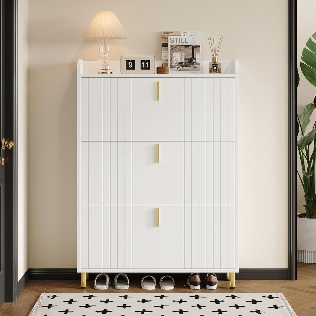 Mobiletto per scarpe a 3 ante, Scarpiera stretta, con 6 scomparti, Bianco, Regolabile, Dispositivo anti-ribaltamento per l'ingresso, 80*23.5*123.5cm