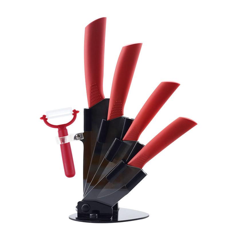 

Кухонные ножи Керамические ножи Набор аксессуаров 3 дюйма для очистки овощей 4 дюйма универсальные 5 дюймов для нарезки 6 дюймов нож шеф-повара + держатель + овощечистка с черным лезвием красный