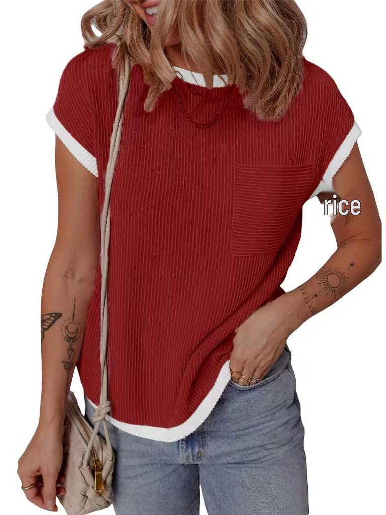 Women's Short Sleeve Ribbed Knit T-shirt - Casual Spring/Summer Top