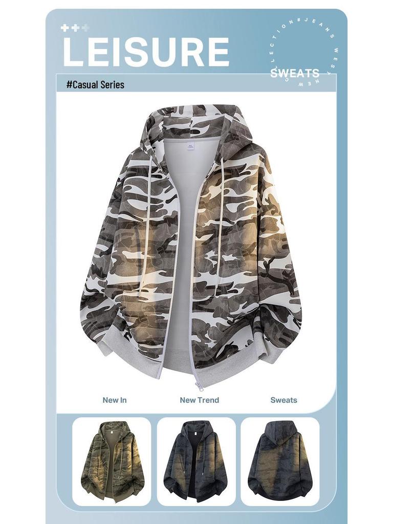 Men's Autumn 2025 Camouflage Cardigan Hoodie Retro Baseball Zipper Jacket