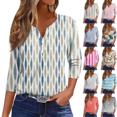 Women's T Shirt Tee Print Button 3/4 Sleeve Daily Weekend Fashion Basic V- Neck Regular Top